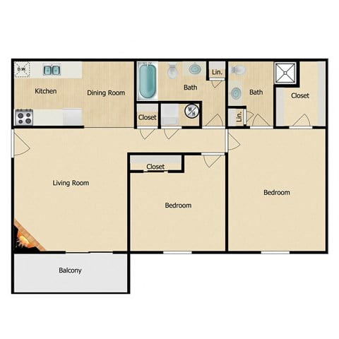 Floor plan for 2 beds, 2 baths, 948 sqft