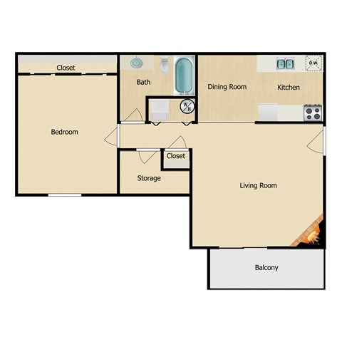 Floor plan for 1 bed, 1 bath, 728 sqft