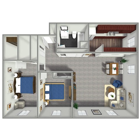 Floor plan for 2 beds, 1 bath, 1075 sqft