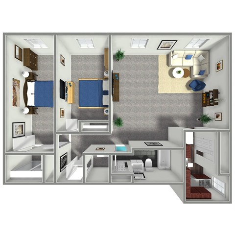 Floor plan for 2 beds, 1 bath, 905 sqft