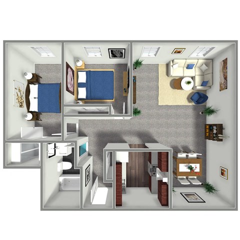 Floor plan for 2 beds, 1 bath, 740 sqft