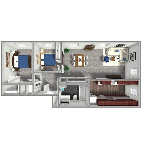 Floor plan for 2 beds, 1 bath, 785 sqft