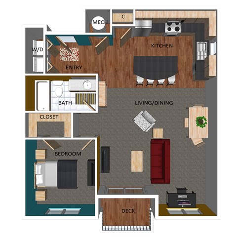 Floor plan for 1 bed, 1 bath, 798 sqft