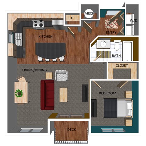 Floor plan for 1 bed, 1 bath, 717 sqft