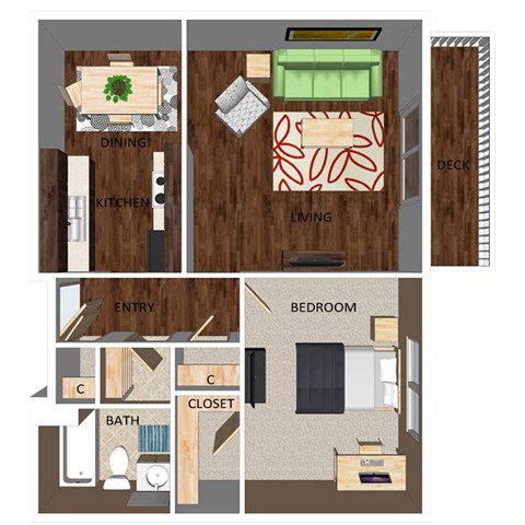 Floor plan for 1 bed, 1 bath, 700 sqft