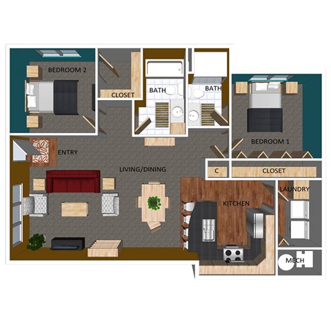 Floor plan for 2 beds, 2 baths, 967 sqft