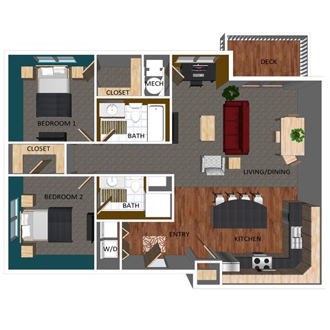 Floor plan for 2 beds, 2 baths, 955 sqft