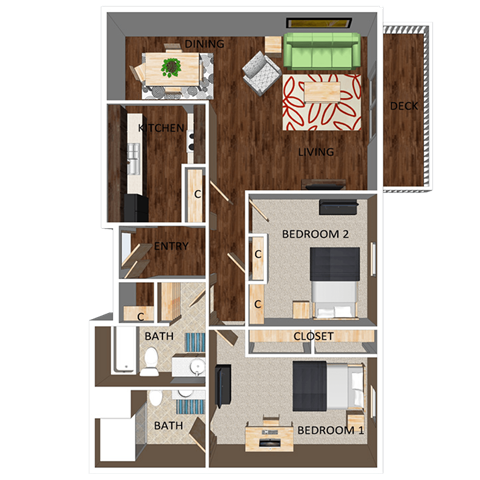 Floor plan for 2 beds, 2 baths, 1000 sqft