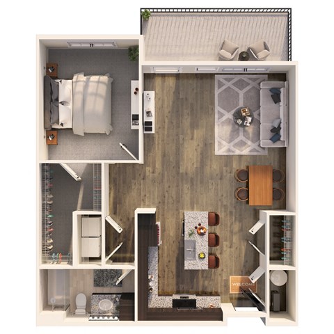 Floor plan for 1 bed, 1 bath, 953 sqft