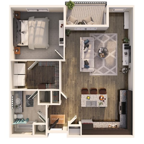 Floor plan for 1 bed, 1 bath, 834 sqft