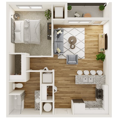 Floor plan for 1 bed, 1 bath, 722 sqft