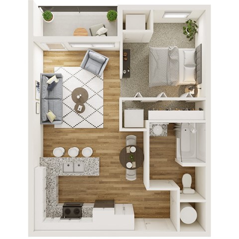 Floor plan for studio, 1 bath, 611 sqft