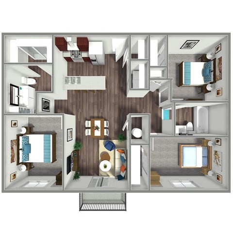 Floor plan for 3 beds, 2 baths, 1283 sqft
