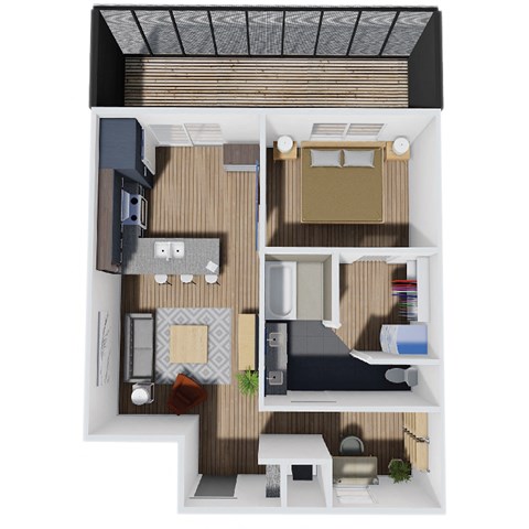 Floor plan for 1 bed, 1 bath, 733 sqft