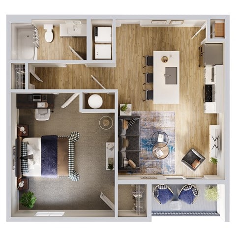 Floor plan for 1 bed, 1 bath, 747 sqft