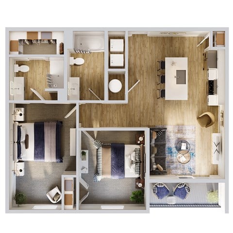 Floor plan for 2 beds, 2 baths, 999 sqft