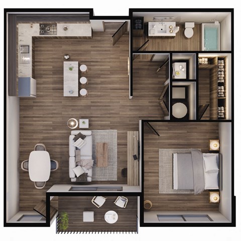 Floor plan for 1 bed, 1 bath, 769 sqft