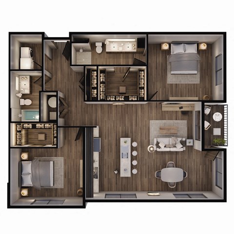 Floor plan for 2 beds, 2 baths, 1257 sqft