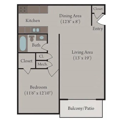 Floor plan for 1 bed, 1 bath, 800 sqft