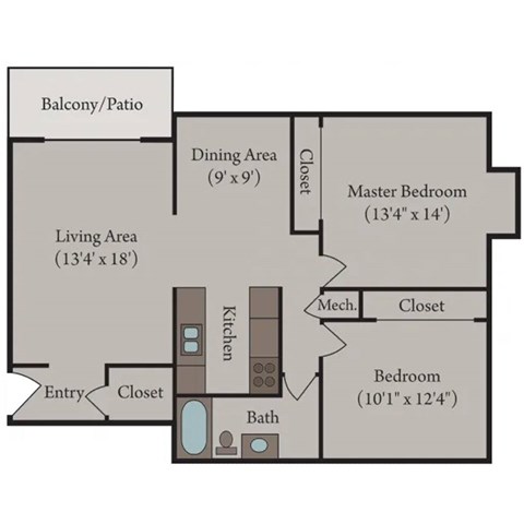 Floor plan for 2 beds, 1 bath, 1050 sqft