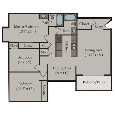 Floor plan for 3 beds, 2 baths, 1200 sqft
