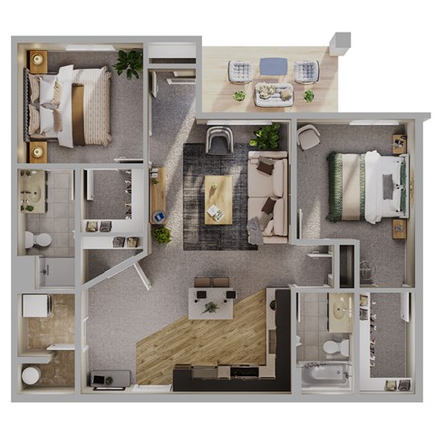 Floor plan for 2 beds, 2 baths, 1077 sqft