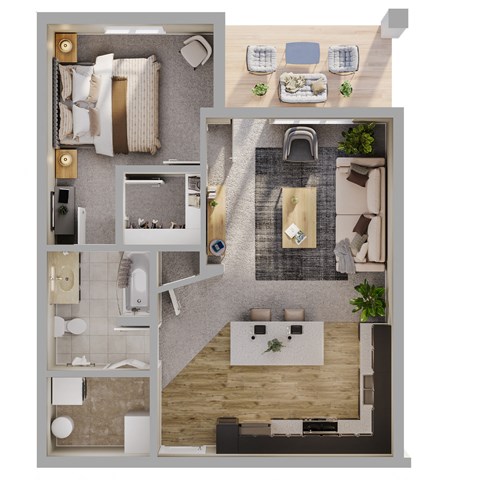 Floor plan for 1 bed, 1 bath, 771 sqft