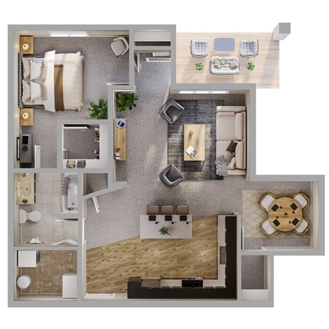 Floor plan for 1 bed, 1 bath, 965 sqft