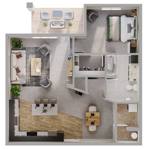 Floor plan for 1 bed, 1 bath, 909 sqft
