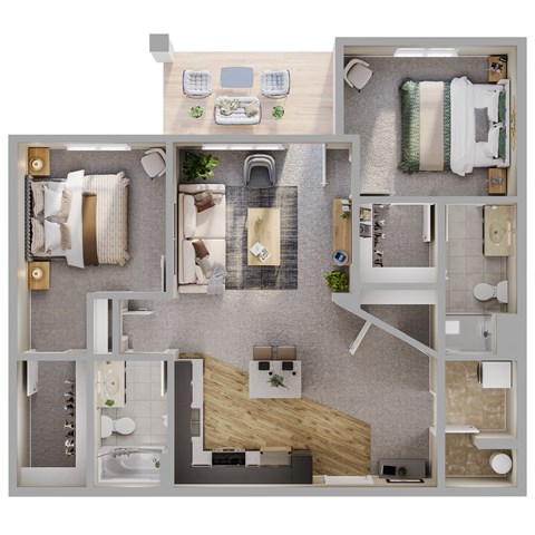 Floor plan for 2 beds, 2 baths, 1050 sqft