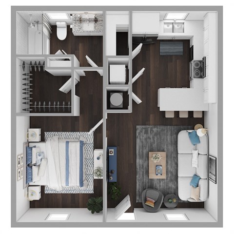 Floor plan for 1 bed, 1 bath, 651 sqft