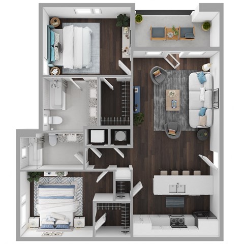 Floor plan for 2 beds, 2 baths, 1020 sqft