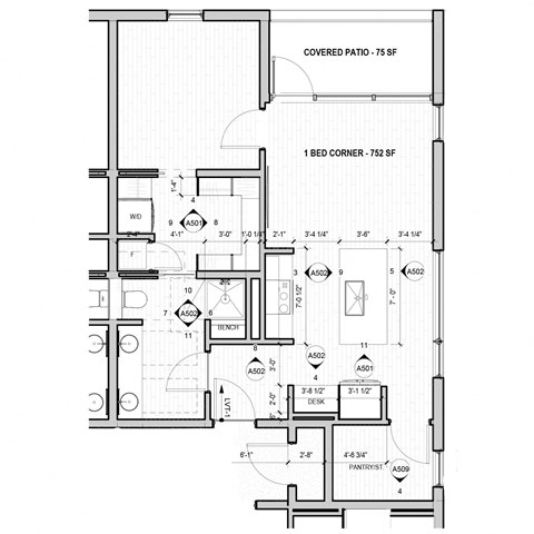 Floor plan for 1 bed, 1 bath, 752 sqft