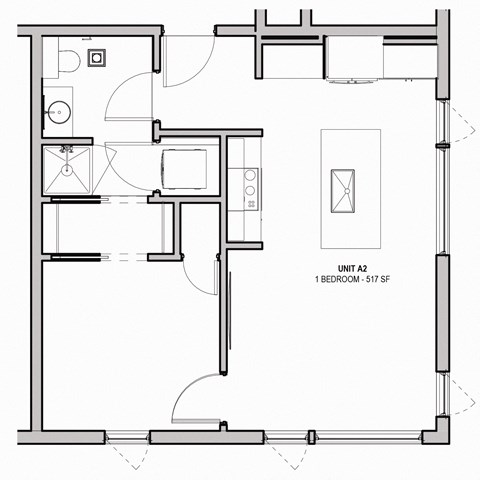 Floor plan for 1 bed, 1 bath, 517 sqft