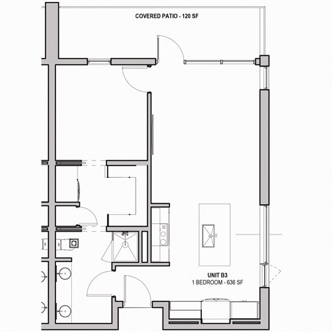 Floor plan for 1 bed, 1 bath, 636 sqft