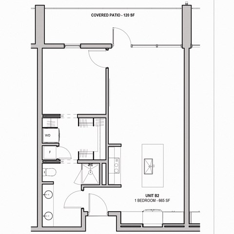 Floor plan for 1 bed, 1 bath, 665 sqft