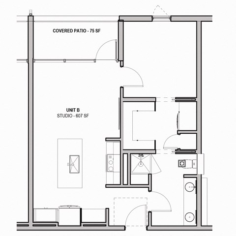 Floor plan for 1 bed, 1 bath, 607 sqft