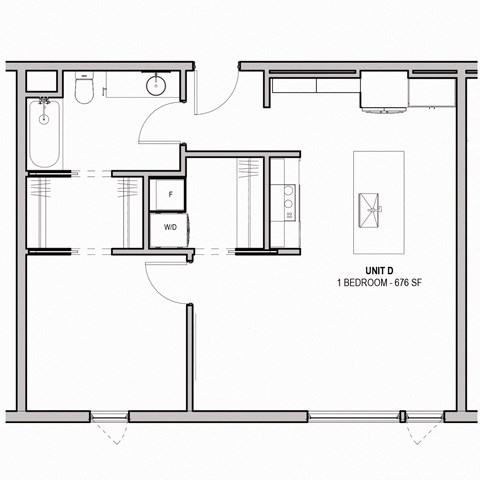 Floor plan for 1 bed, 1 bath, 676 sqft
