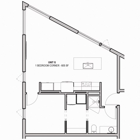 Floor plan for 1 bed, 1 bath, 605 sqft