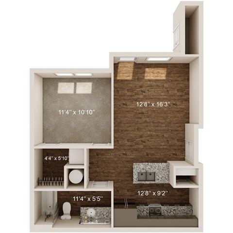 Floor plan for 1 bed, 1 bath, 607 sqft