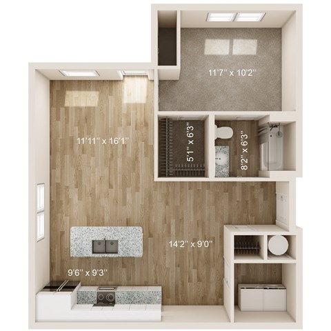 Floor plan for 1 bed, 1 bath, 750 sqft