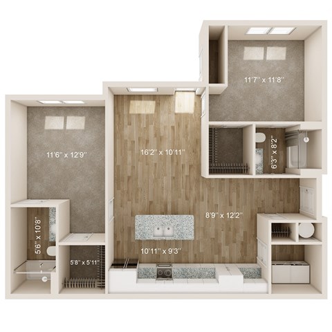 Floor plan for 2 beds, 2 baths, 1055 sqft