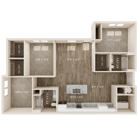 Floor plan for 3 beds, 2 baths, 1237 sqft