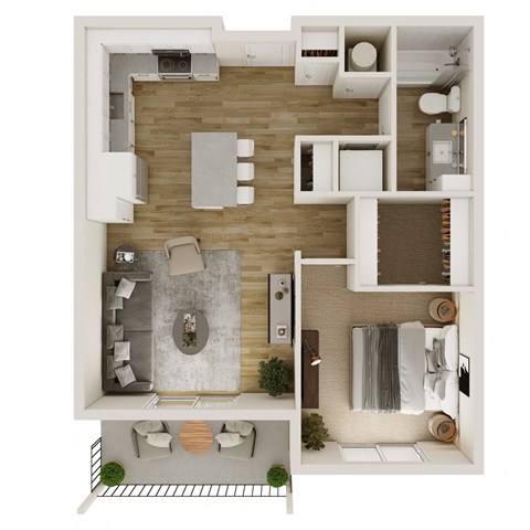 Floor plan for 1 bed, 1 bath, 696 sqft