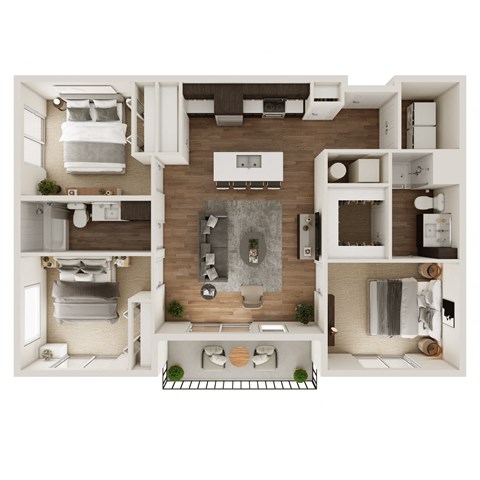 Floor plan for 3 beds, 2 baths, 1205 sqft