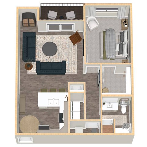 Floor plan for 1 bed, 1 bath, 884 sqft