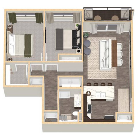 Floor plan for 2 beds, 1 bath, 975 sqft