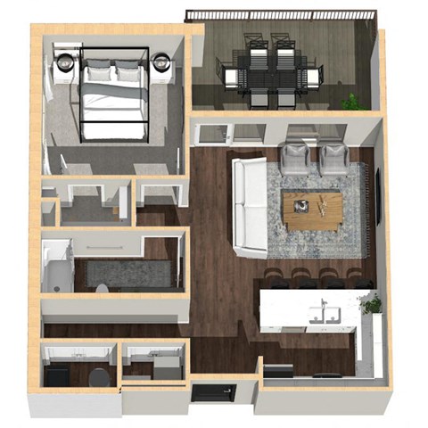 Floor plan for 1 bed, 1 bath, 767 sqft