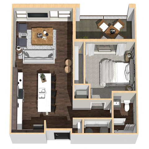 Floor plan for 1 bed, 1 bath, 733 sqft
