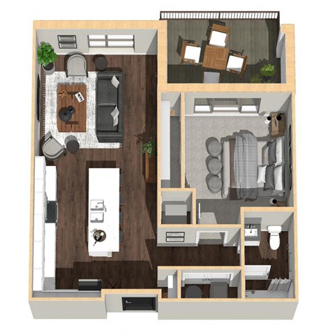 Floor plan for 1 bed, 1 bath, 743 sqft